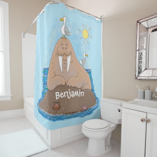 Funny happy walrus cartoon illustratie douchegordijn (In situ)