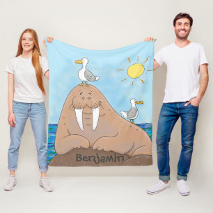 Funny happy walrus cartoon illustratie fleece deken