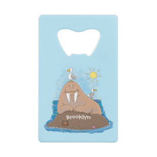 Funny happy walrus cartoon illustratie kredietkaart flessenopener