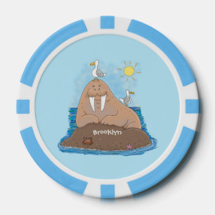 Funny happy walrus cartoon illustratie poker chips