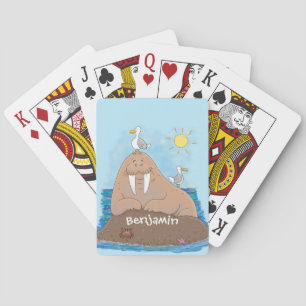 Funny happy walrus cartoon illustratie pokerkaarten