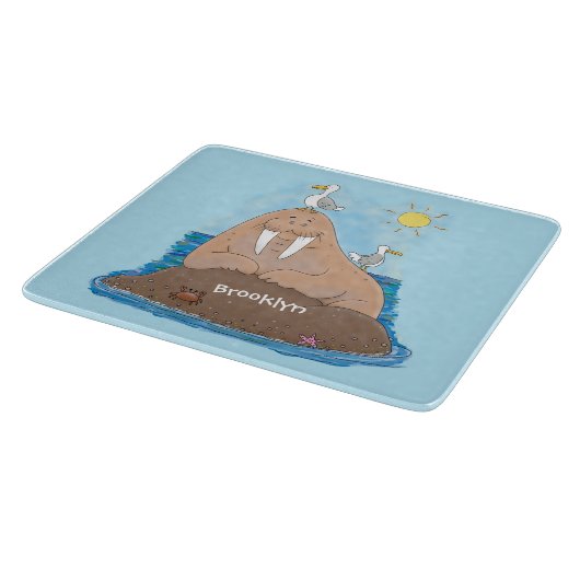 Funny happy walrus cartoon illustratie snijplank (Hoek)