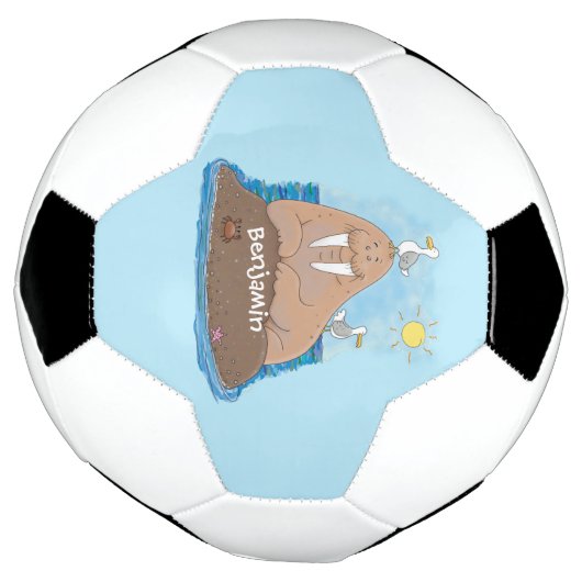 Funny happy walrus cartoon illustratie voetbal (Gedraaid)