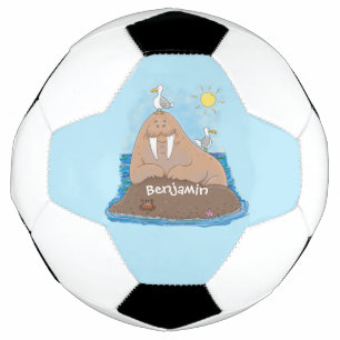 Funny happy walrus cartoon illustratie voetbal