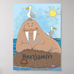 Funny happy walrus cartoon illustration cartoon poster