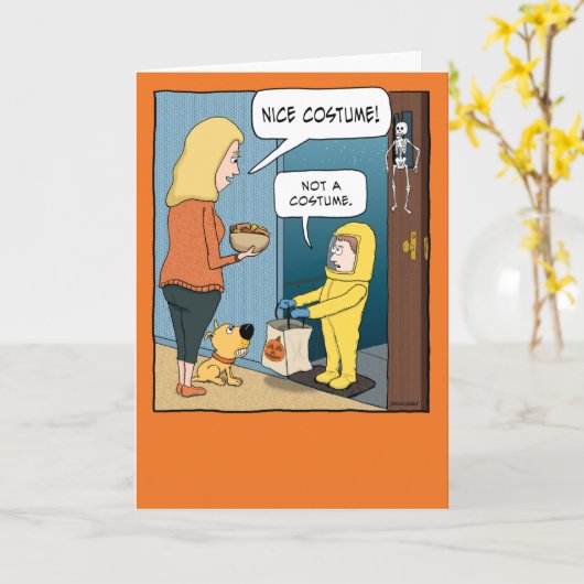 Funny Hazmat Suit Trick or treat Hallowween Kaart (Gele Bloem)