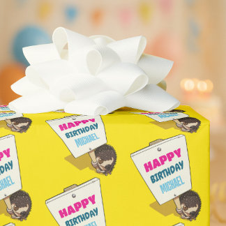 Funny Hedgehog Add The Name Happy Birthday Cartoon Cadeaupapier