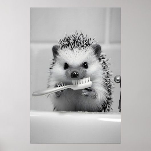 Funny Hedgehog Brushing Teeth Bathroom Print (Voorkant)