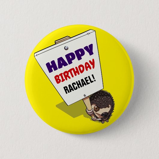Funny Hedgehog Voeg de naam Happy Birthday Cartoon Ronde Button 5,7 Cm (Voorkant)