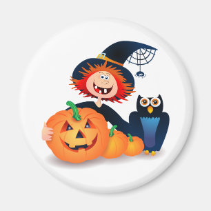Funny heks met uil en pompoenen, magnet magneet