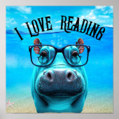 Funny Hippo met Glasses I Love Reading Library Poster (Voorkant)