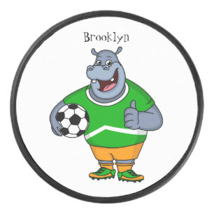 Funny hippo soccer player cartoon hockey puck