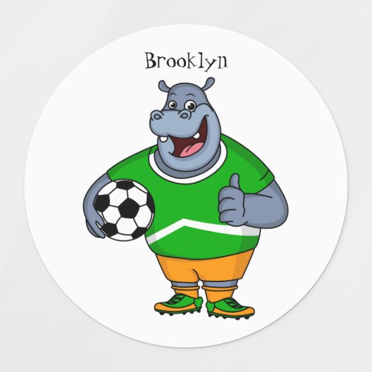 Funny hippo soccer player cartoon labels (Design 2)