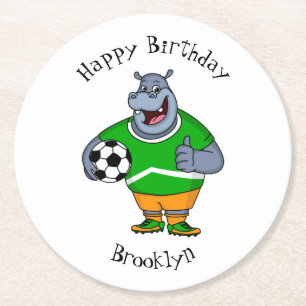 Funny hippo soccer player cartoon ronde kartonnen onderzetter