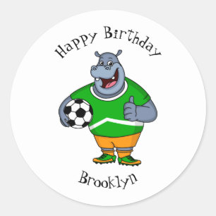 Funny hippo soccer player cartoon ronde sticker