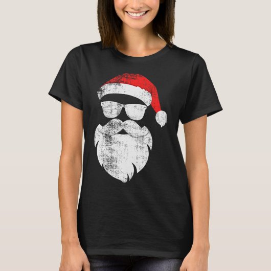 Funny Hipster Santa Face With Hat Beard &amp; Gles T-shirt (Voorkant)