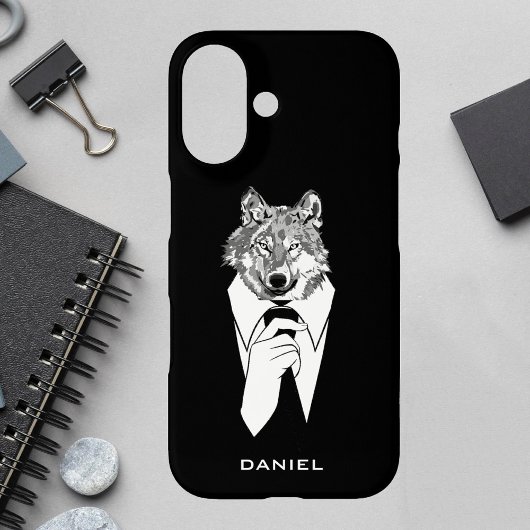 Funny Hipster Wolf met Black Tuxedo gepersonalisee Case-Mate iPhone Case