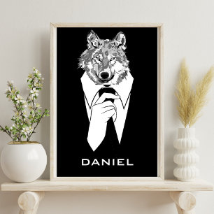 Funny Hipster Wolf met Black Tuxedo gepersonalisee Poster