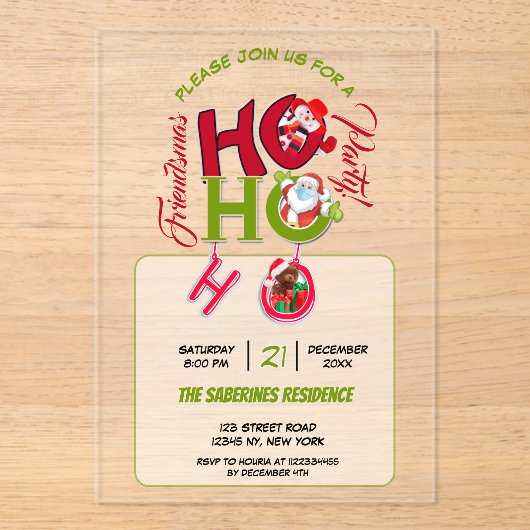 Funny HO HO HO Retro Christmas Party Dinner Acryl Uitnodigingen (Voorkant)