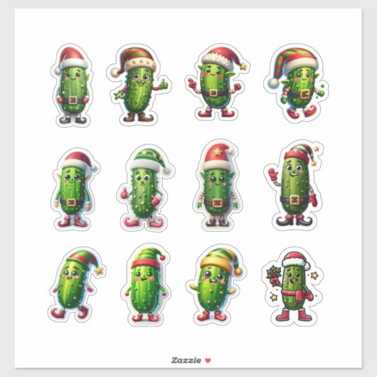 Funny Holiday Pickles in Santa Hats Sticker (Vel)