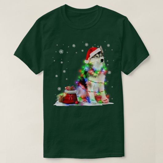Funny Husky Dog Tree kerstlampjes Pajama T-shirt (Design voorkant)