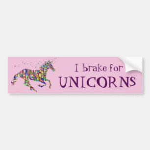Funny "I Brake for Unicorns" & Rainbow Unicorn Bumpersticker