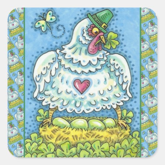 FUNNY IRISH HEN, GROENE EIEREN EN SHAMROCKS CUTE VIERKANTE STICKER (Voorkant)