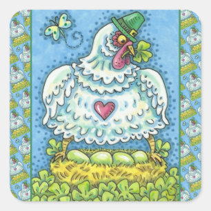 FUNNY IRISH HEN, GROENE EIEREN EN SHAMROCKS CUTE VIERKANTE STICKER
