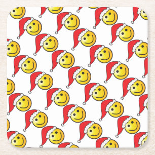 Funny Kerstmis Emoji Santa Hat Pattern Vierkante Kartonnen Onderzetter