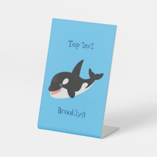 Funny killerwalvis orca leuke cartoon illustratie reclamebord met voetstuk