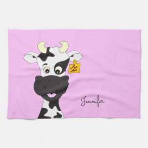 Funny koe cartoon roze keukenhanddoek