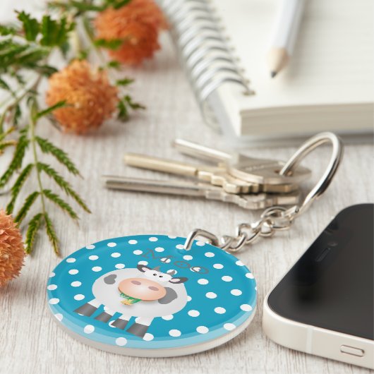 Funny Koe Moo en White Polka Dot Pattern Sleutelhanger (Voorkant Rechts)