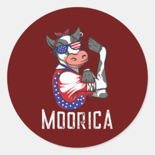 Funny Koe Moorica USA, 4 juli patriottisch Ronde Sticker