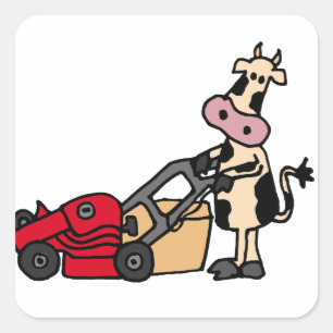 Funny Koe Pushing Red Lawn Mower Cartoon Vierkante Sticker