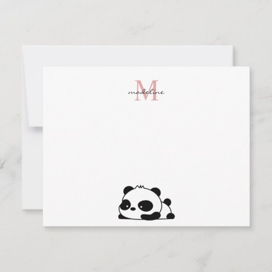 Funny Laying Panda Script Pink Monogram Notitiekaartje (Voorkant)