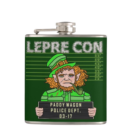 Funny Leprechaun Leprecon Mugshot St Patricks Heupfles (Voorkant)