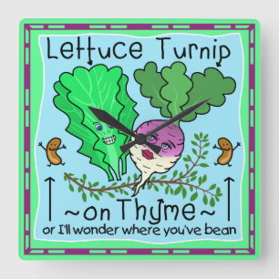 Funny Lettuce Turnip Thyme Vegetable Pun Cartoon Vierkante Klok