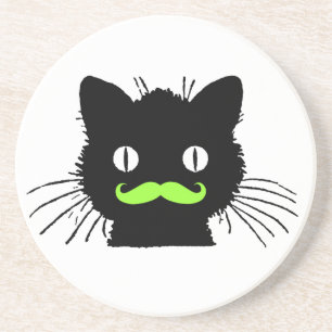 FUNNY LIME GREEN MUSTACHE  BLACK CAT ZANDSTEEN ONDERZETTER