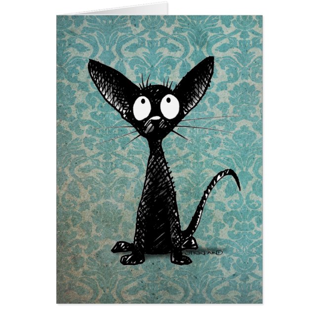 Funny Little Black Cat op  Blue Damask (Voorkant)