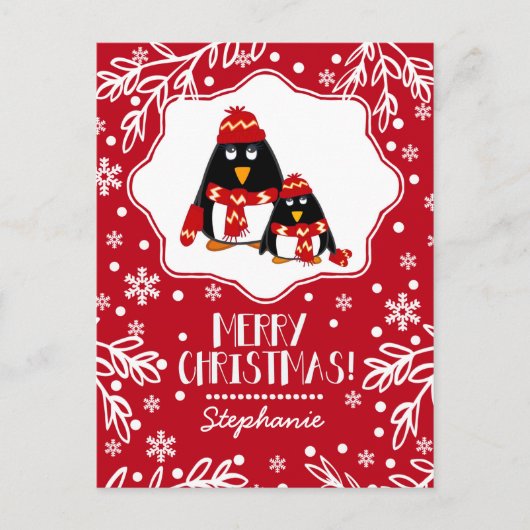 Funny Little Penguins Custom Name Kerstmis Feestdagenkaart (Voorkant)