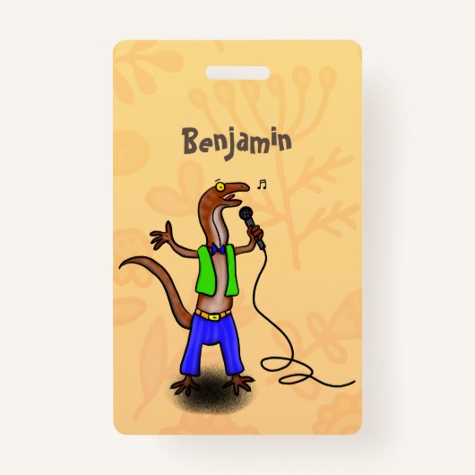 Funny lizard zingt met cartoon van de microfoon badge (Voorkant)