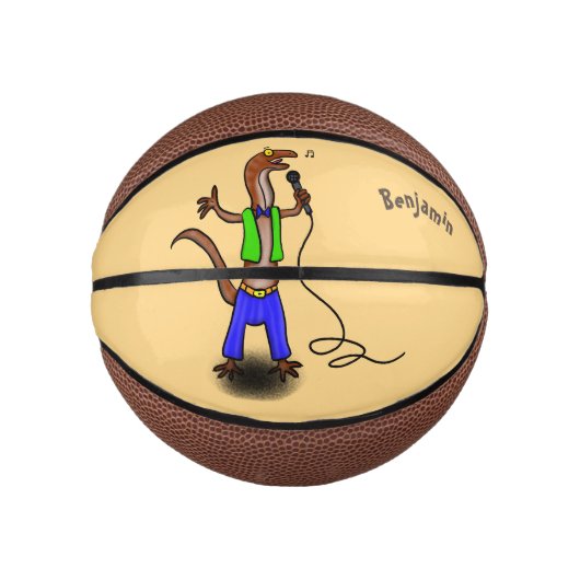Funny lizard zingt met cartoon van de microfoon basketbal (Voorkant)
