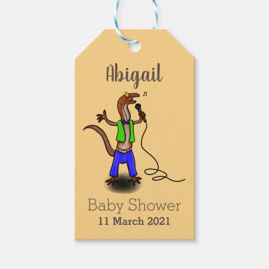 Funny lizard zingt met cartoon van de microfoon cadeaulabel (Voorkant)