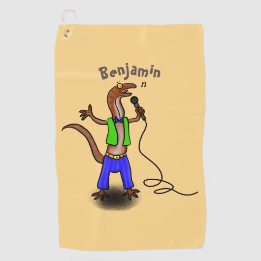 Funny lizard zingt met cartoon van de microfoon golfhanddoek (Voorkant)