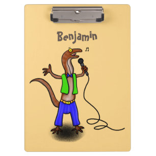 Funny lizard zingt met cartoon van de microfoon klembord