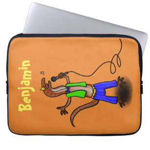 Funny lizard zingt met cartoon van de microfoon laptop sleeve