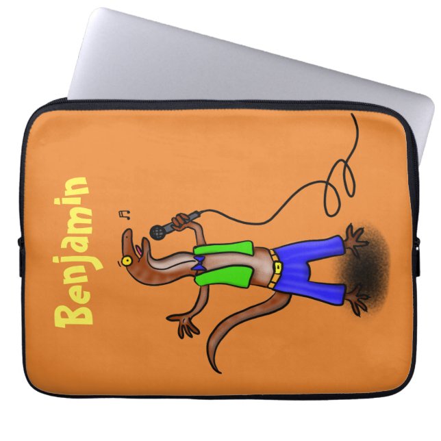 Funny lizard zingt met cartoon van de microfoon laptop sleeve (Voorkant)