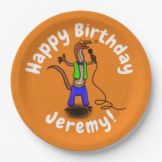 Funny lizard zingt met cartoon van de microfoon papieren bordje (Voorkant)