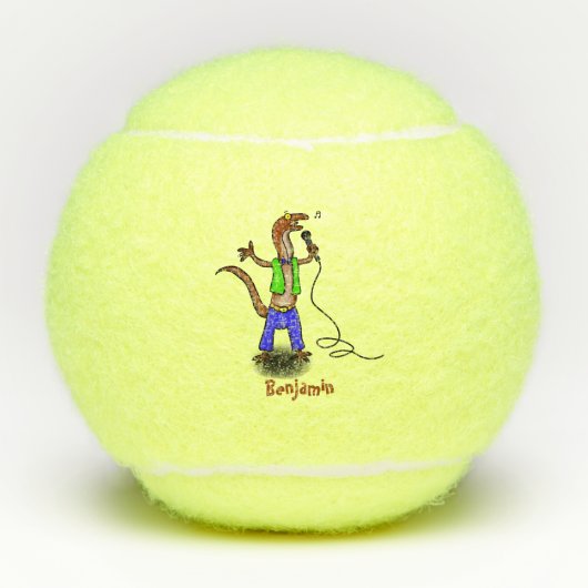 Funny lizard zingt met cartoon van de microfoon tennisballen (Voorkant)