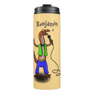 Funny lizard zingt met cartoon van de microfoon thermosbeker